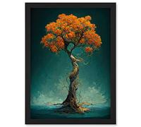 Doppelganger33 LTD Elegant Ancient Lone Autumn Fall Tree On Teal Artwork Framed Wall Art Print A4