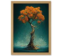 Doppelganger33 LTD Elegant Ancient Lone Autumn Fall Tree On Teal Artwork Framed Wall Art Print A4