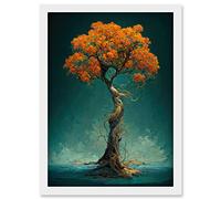 Doppelganger33 LTD Elegant Ancient Lone Autumn Fall Tree On Teal Artwork Framed Wall Art Print A4