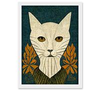 Doppelganger33 LTD Elegant Cat Illustration William Morris Style Teal Mustard Artwork Framed Wall Art Print A4