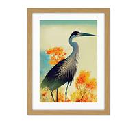 Doppelganger33 LTD Elegant Heron Bird Portrait In An Autumn Forest Landscape Artwork Framed Wall Art Print 18X24 Inch