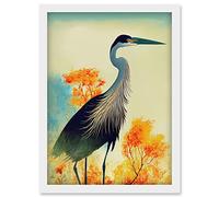 Doppelganger33 LTD Elegant Heron Bird Portrait In An Autumn Forest Landscape Artwork Framed Wall Art Print A4