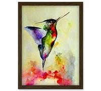 Doppelganger33 LTD Elegant Hummingbird Abstract Watercolour Artwork Framed Wall Art Print A4