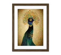 Doppelganger33 LTD Elegant Peacock Portrait In Emerald And Gold Gustav Klimt Artwork Framed Wall Art Print 18X24 Inch