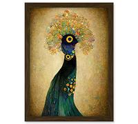 Doppelganger33 LTD Elegant Peacock Portrait In Emerald And Gold Gustav Klimt Artwork Framed Wall Art Print A4