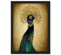 Doppelganger33 LTD Elegant Peacock Portrait In Emerald And Gold Gustav Klimt Artwork Framed Wall Art Print A4