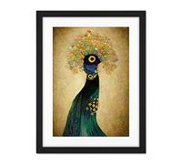 Doppelganger33 LTD Elegant Peacock Portrait In Emerald And Gold Gustav Klimt Artwork Framed Wall Art Print 18X24 Inch