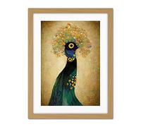 Doppelganger33 LTD Elegant Peacock Portrait In Emerald And Gold Gustav Klimt Artwork Framed Wall Art Print 18X24 Inch
