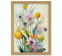 Doppelganger33 LTD Elegant Watercolour Pink And Yellow Spring Flower Bouquet Illustration Artwork Framed Wall Art Print A4