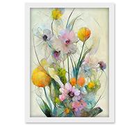 Doppelganger33 LTD Elegant Watercolour Pink And Yellow Spring Flower Bouquet Illustration Artwork Framed Wall Art Print A4