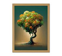 Doppelganger33 LTD Ethereal Bonsai Lone Tree Green Orange Artwork Framed Wall Art Print 18X24 Inch