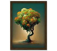 Doppelganger33 LTD Ethereal Bonsai Lone Tree Green Orange Artwork Framed Wall Art Print A4