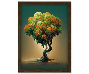 Doppelganger33 LTD Ethereal Bonsai Lone Tree Green Orange Artwork Framed Wall Art Print A4