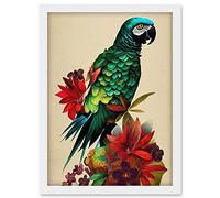 Doppelganger33 LTD Exotic Flowers And Feathers Macaw Parrot And Jungle Blooms Artwork Framed A3 Wall Art Print