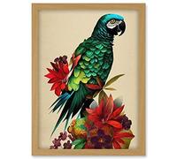 Doppelganger33 LTD Exotic Flowers And Feathers Macaw Parrot And Jungle Blooms Artwork Framed A3 Wall Art Print