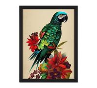 Doppelganger33 LTD Exotic Flowers And Feathers Macaw Parrot And Jungle Blooms Artwork Framed Wall Art Print 18X24 Inch