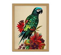 Doppelganger33 LTD Exotic Flowers And Feathers Macaw Parrot And Jungle Blooms Artwork Framed Wall Art Print 18X24 Inch