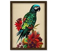Doppelganger33 LTD Exotic Flowers And Feathers Macaw Parrot And Jungle Blooms Artwork Framed Wall Art Print A4