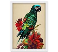 Doppelganger33 LTD Exotic Flowers And Feathers Macaw Parrot And Jungle Blooms Artwork Framed Wall Art Print A4