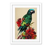 Doppelganger33 LTD Exotic Flowers And Feathers Macaw Parrot And Jungle Blooms Artwork Framed Wall Art Print 18X24 Inch