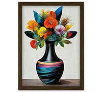 Doppelganger33 LTD Exotic Vibrant Flower Bouquet In Black Decorated Vase Artwork Framed Wall Art Print A4