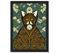 Doppelganger33 LTD Floral Paisley Illustrated Golden Cat William Morris Artwork Framed Wall Art Print A4