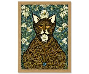 Doppelganger33 LTD Floral Paisley Illustrated Golden Cat William Morris Artwork Framed Wall Art Print A4