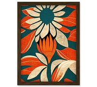 Doppelganger33 LTD Flower Design Teal Orange Abstract Linocut Artwork Framed Wall Art Print A4