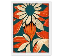 Doppelganger33 LTD Flower Design Teal Orange Abstract Linocut Artwork Framed Wall Art Print A4