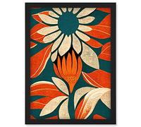Doppelganger33 LTD Flower Design Teal Orange Abstract Linocut Artwork Framed Wall Art Print A4