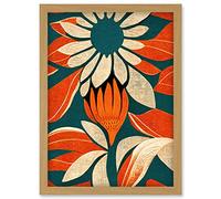 Doppelganger33 LTD Flower Design Teal Orange Abstract Linocut Artwork Framed Wall Art Print A4