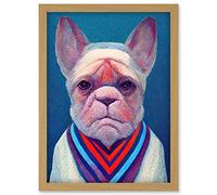 Doppelganger33 LTD French Bulldog In A Colourful Sweater Hockneyesque Artwork Framed Wall Art Print A4