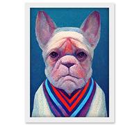 Doppelganger33 LTD French Bulldog In A Colourful Sweater Hockneyesque Artwork Framed Wall Art Print A4