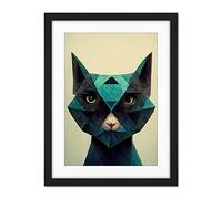 Doppelganger33 LTD Fun Geometric Teal Cat Artwork Framed Wall Art Print 18X24 Inch