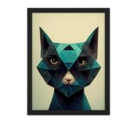 Doppelganger33 LTD Fun Geometric Teal Cat Artwork Framed Wall Art Print 18X24 Inch