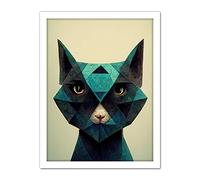 Doppelganger33 LTD Fun Geometric Teal Cat Artwork Framed Wall Art Print 18X24 Inch