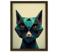Doppelganger33 LTD Fun Geometric Teal Cat Artwork Framed Wall Art Print A4