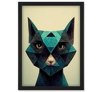 Doppelganger33 LTD Fun Geometric Teal Cat Artwork Framed Wall Art Print A4