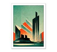 Doppelganger33 LTD Futuristic Abstract Architecture Cityscape Teal And Orange Artwork Framed Wall Art Print 18X24 inch