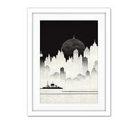 Doppelganger33 LTD Futuristic Cityscape Ukiyo-e Flat Illustration Artwork Framed Wall Art Print 18X24 Inch