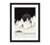 Doppelganger33 LTD Futuristic Cityscape Ukiyo-e Flat Illustration Artwork Framed Wall Art Print 18X24 Inch