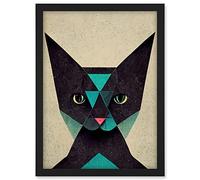 Doppelganger33 LTD Geometric Black Cat Teal Fun Quirky Artwork Framed A3 Wall Art Print