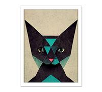 Doppelganger33 LTD Geometric Black Cat Teal Fun Quirky Artwork Framed Wall Art Print 18X24 Inch