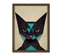 Doppelganger33 LTD Geometric Black Cat Teal Fun Quirky Artwork Framed Wall Art Print 18X24 Inch