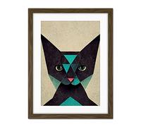 Doppelganger33 LTD Geometric Black Cat Teal Fun Quirky Artwork Framed Wall Art Print 18X24 Inch