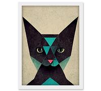 Doppelganger33 LTD Geometric Black Cat Teal Fun Quirky Artwork Framed Wall Art Print A4