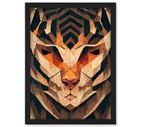Doppelganger33 LTD Geometric Tiger Head Wood Carving Artwork Framed A3 Wall Art Print
