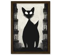 Doppelganger33 LTD Giant Black Cat Le Chat Noir City Monochrome Illustration Artwork Framed A3 Wall Art Print