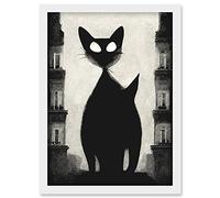 Giant Black Cat Le Chat Noir City Monochrome Illustration Artwork Framed Wall Art Print A4 Artery8 White One Size