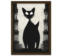 Giant Black Cat Le Chat Noir City Monochrome Illustration Artwork Framed Wall Art Print A4 Artery8 Brown One Size